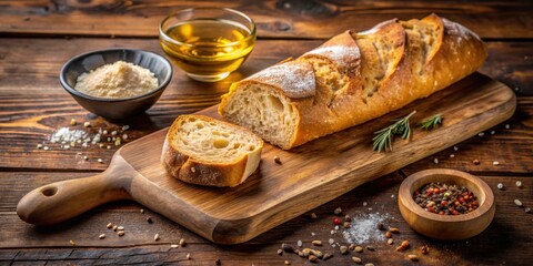 Wall Mural - A warm, golden-brown homemade baguette sliced on a rustic wooden cutting board, with a small bowl of olive oil and a sprinkle of flaky sea salt nearby, olive oil, wooden