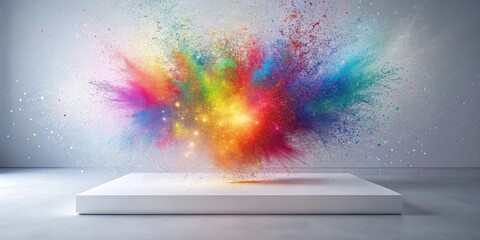 Poster - Vibrant Color Explosion on a Blank Pedestal Abstract Art Image