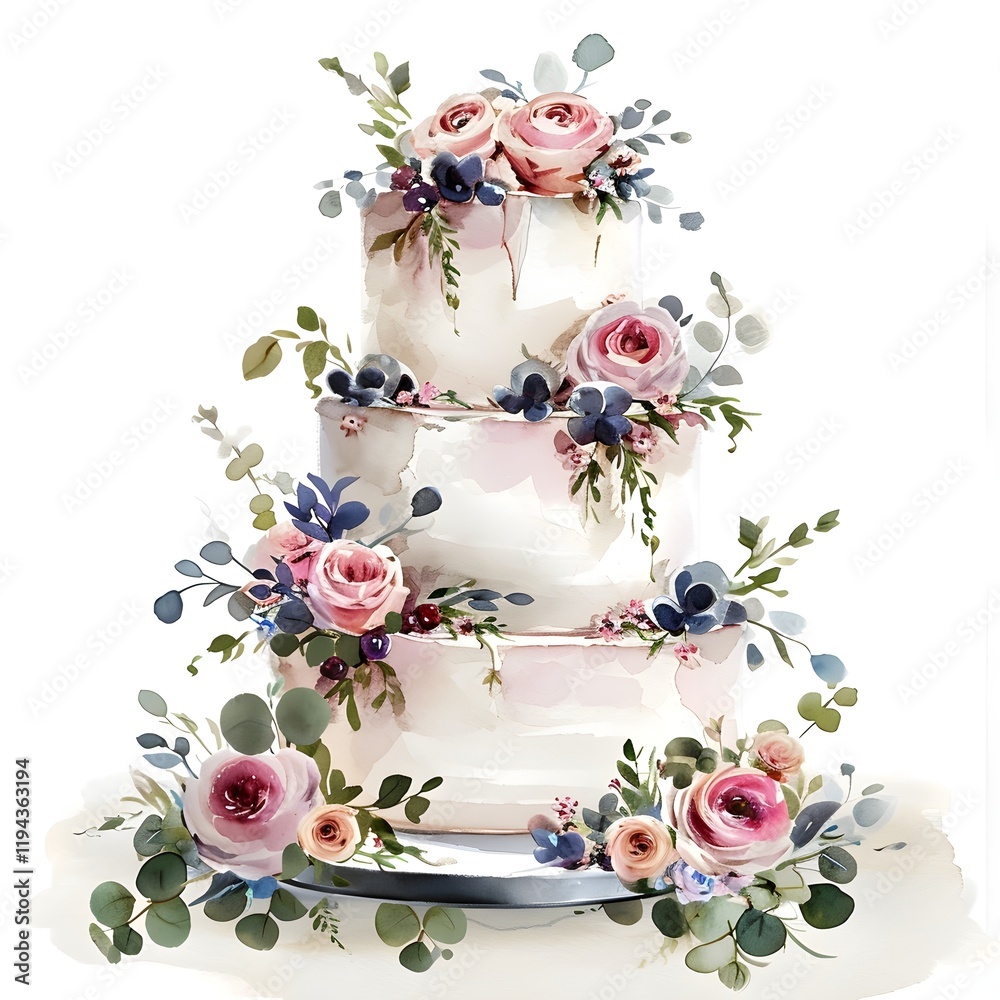 Watercolor Hand painted Wedding Tier Cake with flowers isolated ono ...
