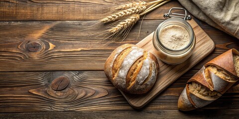 Wall Mural - Artisan Bread and Flour on Rustic Wooden Surface