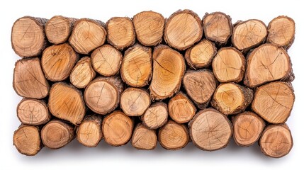 Wall Mural - a photostock of natural wooden logs stacked symmetrically, isolated on a clean white background, rus