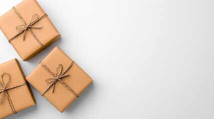 Wall Mural - a photostock of neatly wrapped brown paper packages with visible twine bows, isolated on a clean whi