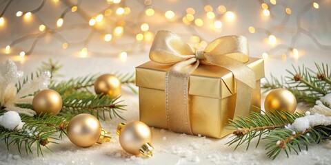 Poster - A Golden Gift Box Surrounded by Festive Ornaments and Evergreen Branches on a Snowy Surface with Warm String Lights