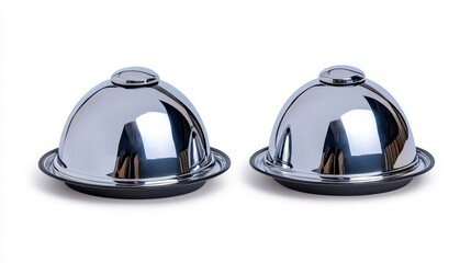 Wall Mural - a photostock of round chrome serving domes reflecting light, isolated on a clean white background, s