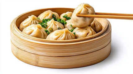 Wall Mural - a photostock of steaming hot dumplings being picked up with chopsticks, isolated on a clean white ba