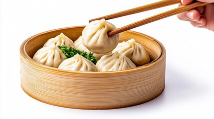 Wall Mural - a photostock of steaming hot dumplings being picked up with chopsticks, isolated on a clean white ba