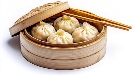 Wall Mural - a photostock of steaming hot dumplings with visible filling and chopsticks, isolated on a clean whit
