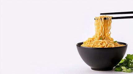 Wall Mural - a photostock of steaming ramen noodles being picked up with chopsticks, isolated on a clean white ba