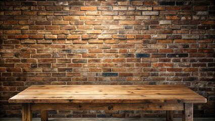 Poster - Rustic Wooden Tabletop Against a Weathered Brick Wall Background