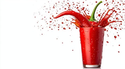 Wall Mural - a photostock of vibrant chili peppers splashed with hot sauce and seasoning, isolated on a clean whi