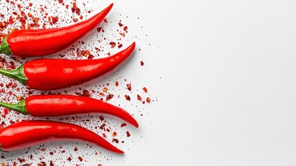 Wall Mural - a photostock of vibrant chili peppers splashed with hot sauce and seasoning, isolated on a clean whi