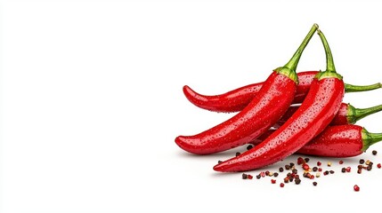 Wall Mural - a photostock of vibrant chili peppers splashed with hot sauce and seasoning, isolated on a clean whi