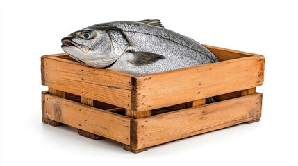 Wall Mural - a photostock of vintage wooden crates filled with fresh fish, isolated on a clean white background, 