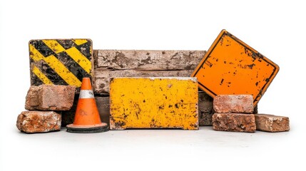 a photostock of weathered roadblocks and traffic signs in bright orange and yellow, isolated on a cl