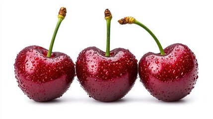 Wall Mural - a photostock of bright red cherries with water droplets and green stems, isolated on a clean white b