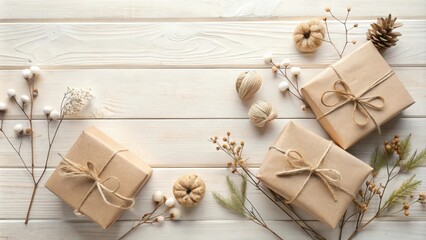 Poster - Rustic Elegance  Simple Gift Wrapping with Natural Accents on Wooden Surface