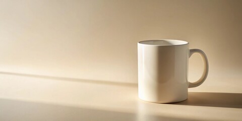 Poster - A simple white mug sits on a beige surface, bathed in soft sunlight casting a gentle shadow