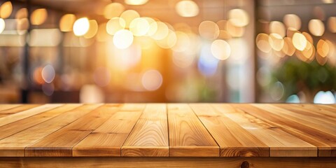 Poster - Warm Wooden Tabletop Against a Blurred Festive Background