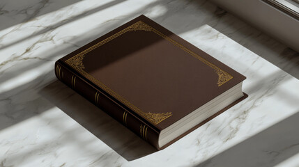 Book spine and cover mockup, blank volume in classic style with brown hardcover and golden decorative elements. Bestseller publication, library or store novelty isolated realistic 3d vector mock up