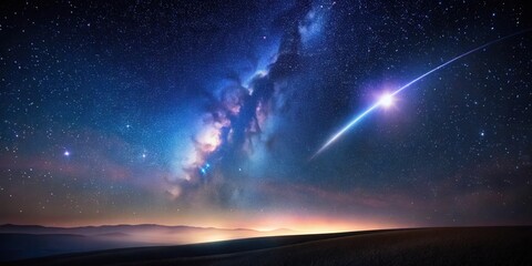 Wall Mural - Serene Night Landscape with a Brilliant Comet Streaking Across the Starry Sky and Milky Way Galaxy Above Rolling Hills