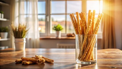 Poster - Sunlit Kitchen Table with Crispy Breadsticks in Glass