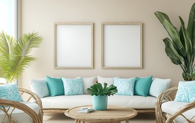 Coastal living room mock-up;  two frames, beige walls, tropical plants