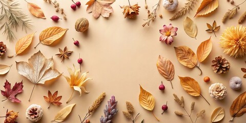 Poster - Autumnal Frame of Dried Flowers and Leaves on Beige Background