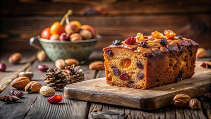 Aufkleber - Aromatic Fruitcake Loaf with Mixed Nuts and Dried Berries on Rustic Wood