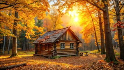 Poster - Rustic Log Cabin nestled in a vibrant autumn forest bathed in golden sunlight