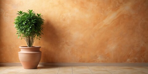 Poster - Tranquil Indoor Scene with Lush Green Plant in Earthenware Pot Against Textured Wall