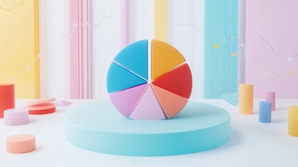 Poster - A dynamic D pie chart with segments in various bright colors, each section floating slightly above a white surface, symbolizing data analysis and statistics.