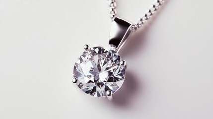 Poster - A top-down view of an elegant diamond pendant on a white background, the clear gemstone shimmering against the simple backdrop.