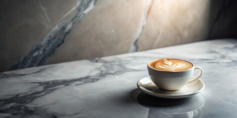 Poster - Aromatic Cappuccino on a Marble Surface with a Sunlit Background