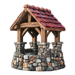 Poster - A 3D rendered image of a quaint stone well with a red tiled roof and wooden supports.