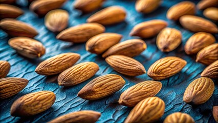 Sticker - Close-up view of roasted almonds arranged on a textured blue surface