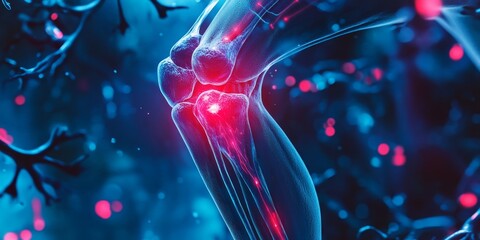 Poster - Human knee joint with inflammation, highlighted in red.