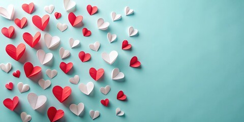 Aufkleber - Romantic Red and White Paper Hearts Scattered on a Light Blue Background