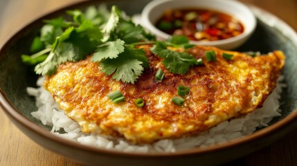Aufkleber - Close-up of a crispy, fluffy Thai omelette resting on rice, served with a side of spicy sauce and fresh herbs, highlighting the texture and rich flavor.