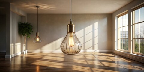Aufkleber - Sunlight streams through windows illuminating a minimalist interior with hanging pendant lights
