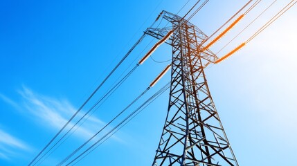 Aufkleber - Close-up of a high-voltage electricity transmission tower against a clear blue sky, showcasing the intricate metal lattice and power lines.