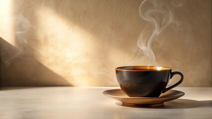 Poster - Warm beverage in a dark cup steaming on a saucer against a light background