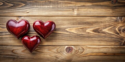 Aufkleber - Three Polished Wooden Hearts on Rustic Wood Background