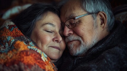 Poster - A senior man giving a sweet kiss on his partners forehead in a cozy home setting Stock Photo with side copy space
