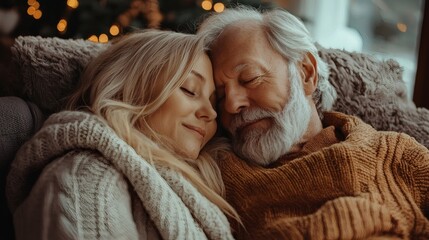 Poster - A senior man giving a sweet kiss on his partners forehead in a cozy home setting Stock Photo with side copy space