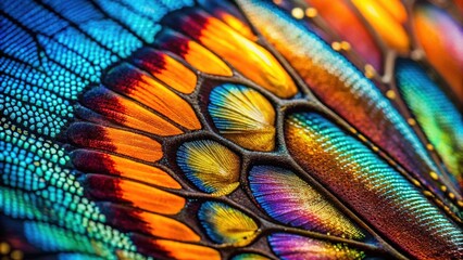 Poster - Close-up view of iridescent insect wing scales exhibiting vibrant color variations