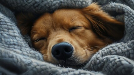 Poster - Close-up of a sleepy dog with a soft, furry coat, resting comfortably in a blanket, showcasing its peaceful and endearing nature.