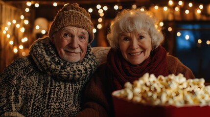 Poster - A senior couple enjoying a movie night at home with popcorn and a cozy blanket Stock Photo with side copy space