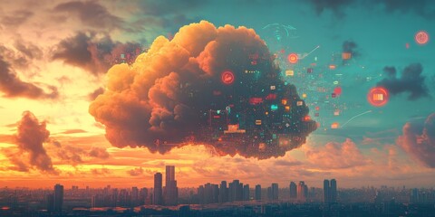 Poster - Data cloud over cityscape at sunset. (2)