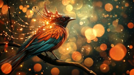 Poster - Close-up of a striking bird with elaborate feather details, perched on a branch, with a background of abstract lights creating a captivating and artistic ambiance.