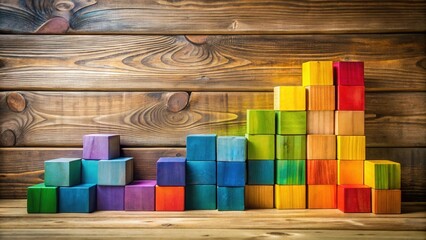 Aufkleber - Colorful Wooden Blocks Arranged in Ascending Order on Rustic Wooden Background